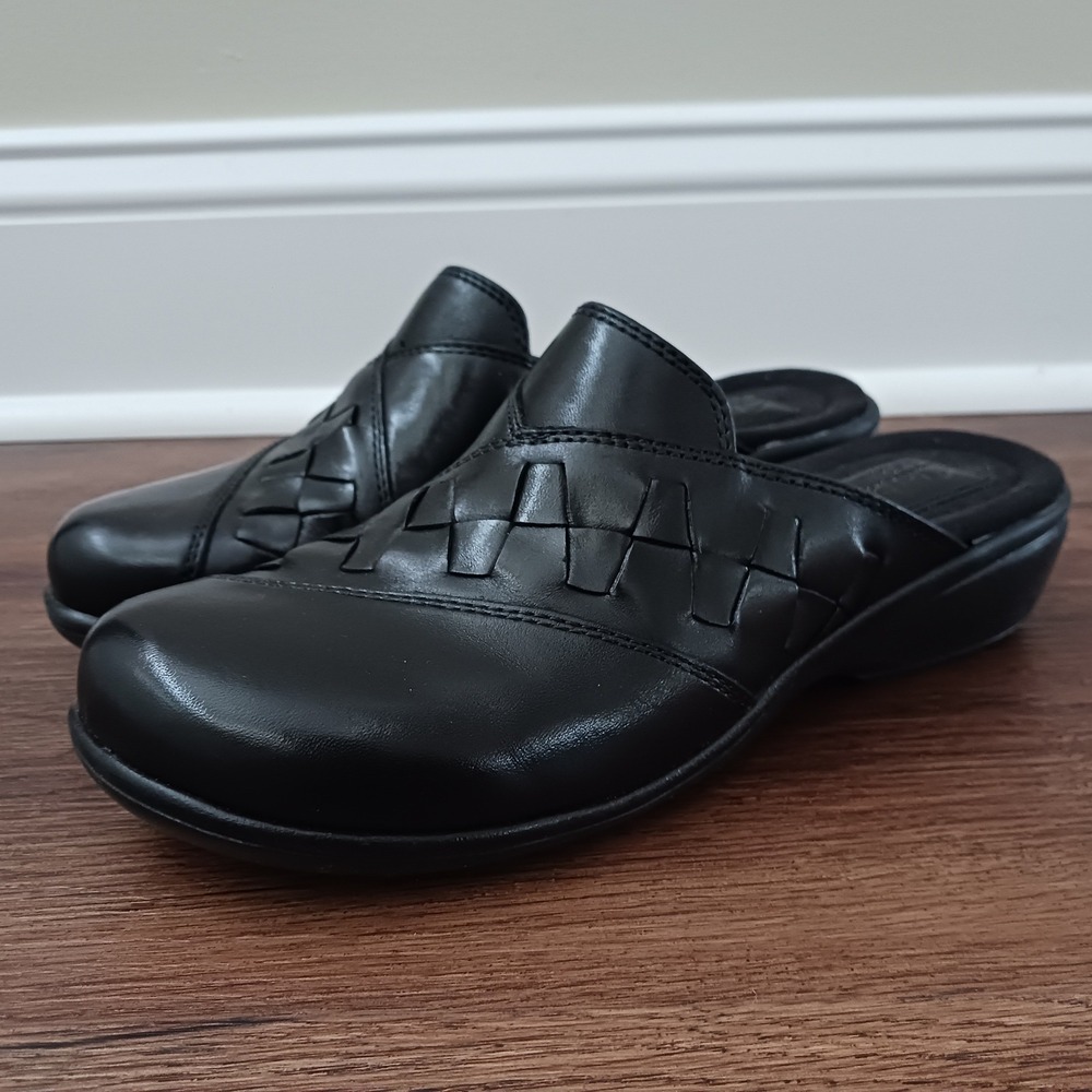 Clarks Womens Black Leather Woven Accent Slip On Mules Clogs 8M 83418